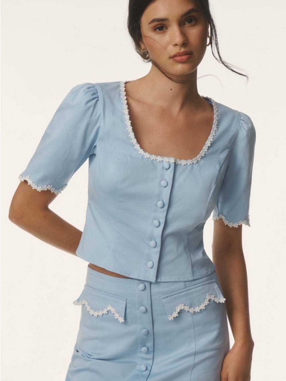 Maeve Light Blue Puff Sleeve Button Front Cropped Top with White Lace Trim